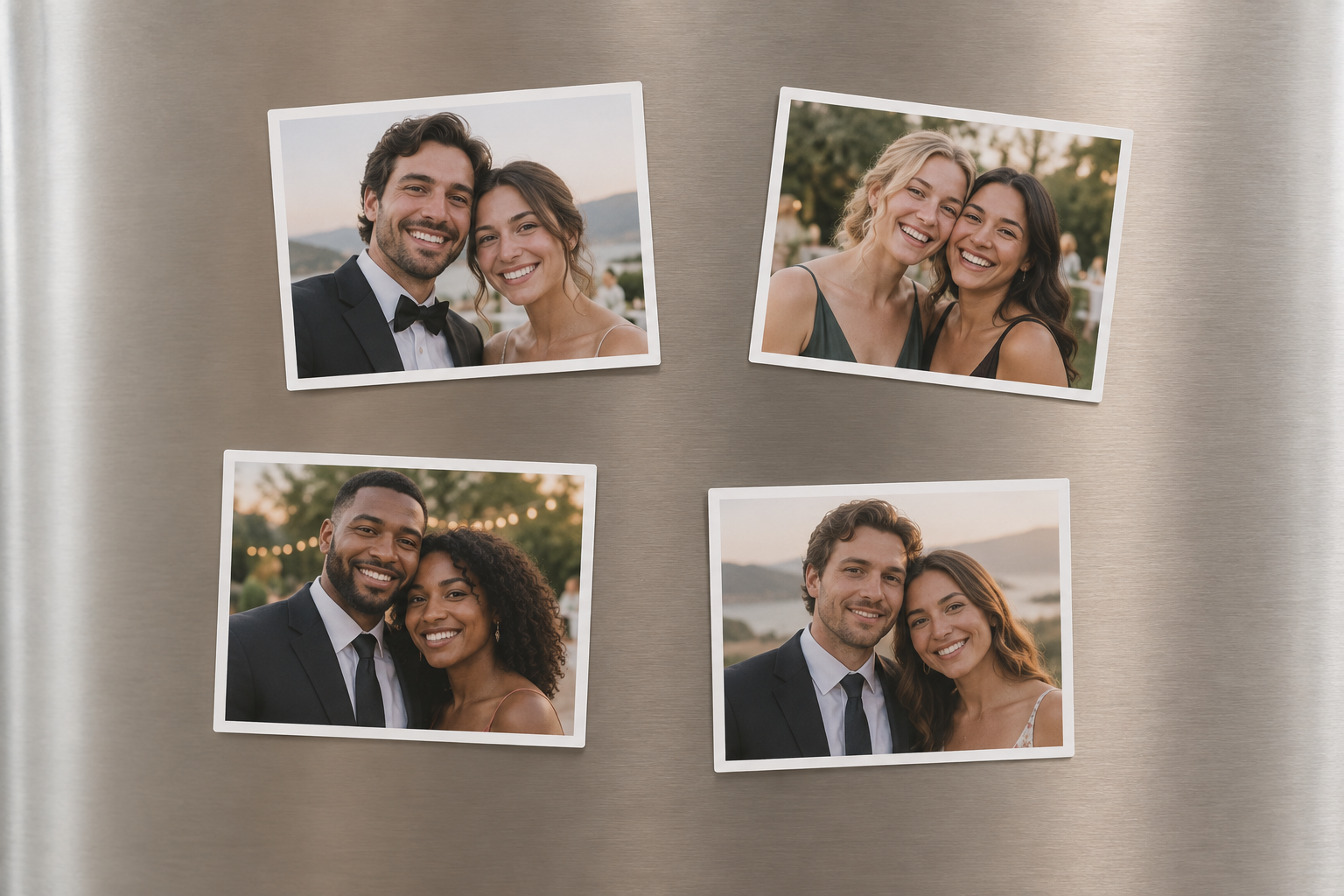 Illustrative photo magnets displayed on a metal surface