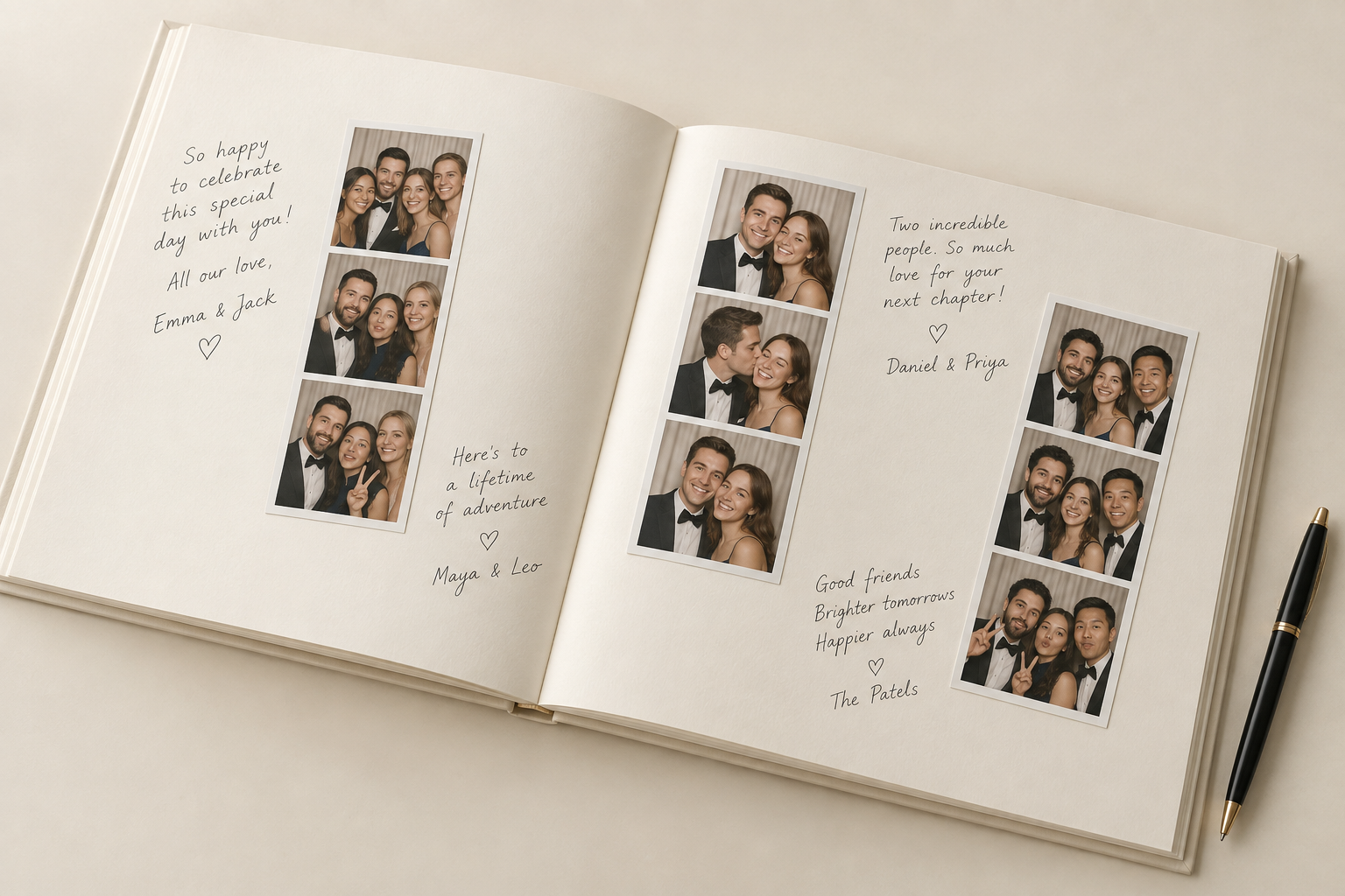 Illustrative photo guestbook with photo strips and handwritten messages